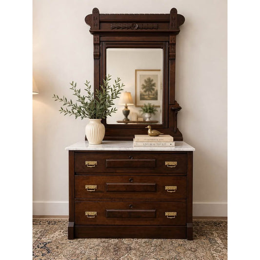 Victorian Eastlake Antique Walnut Chest or Dresser Marble Top Mirror