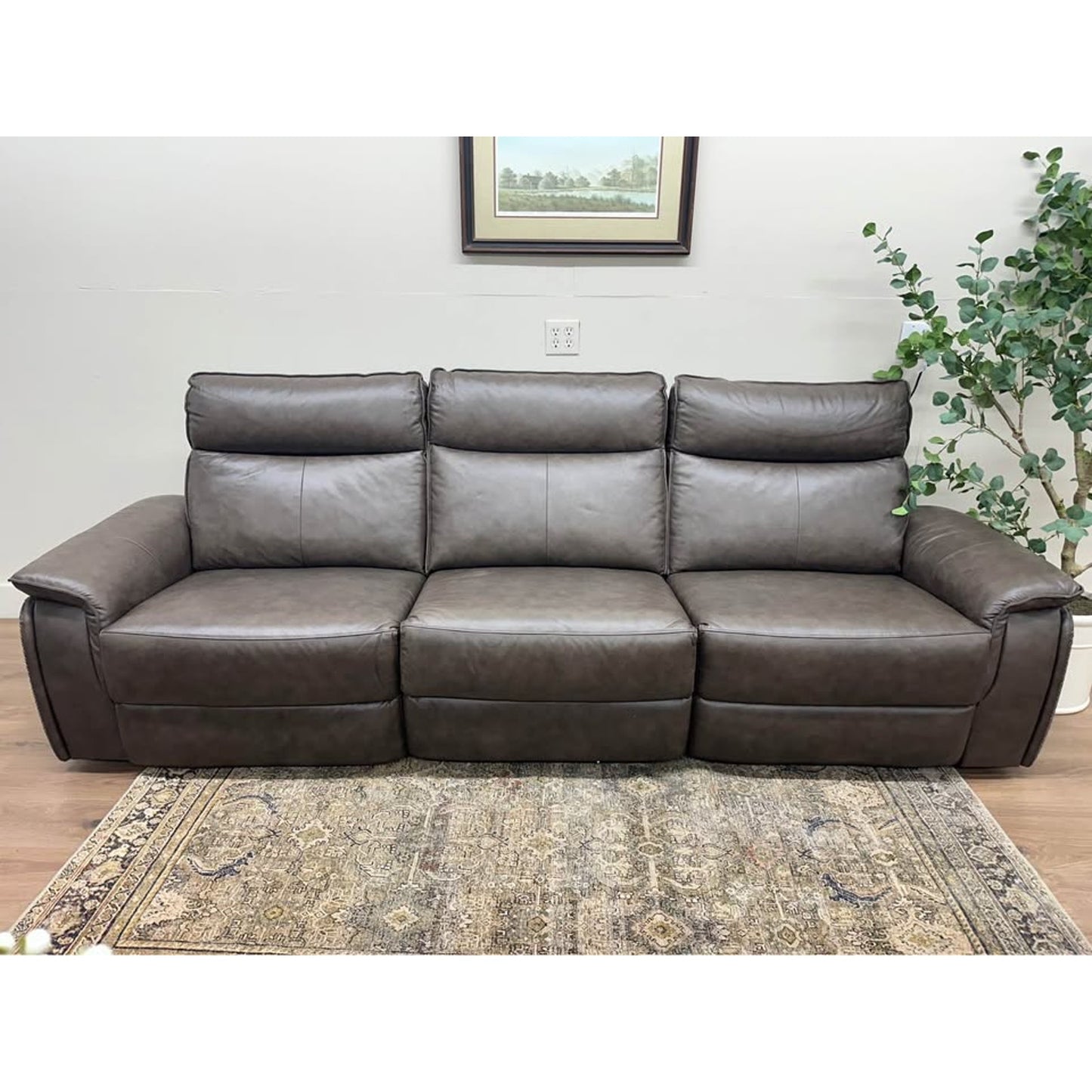 Enjolie Modern Sofa Couch Brown Top Grain Leather Power Recline Adjustable Headrests USB Charging