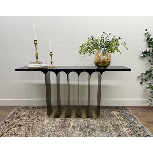 Curley Entry Table Console By Everly Quinn Black Marble Top Heavy Gold Base