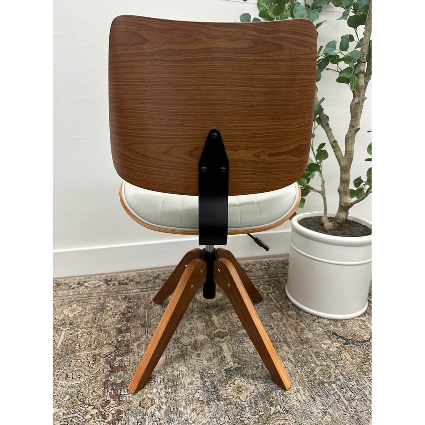 Will Office Chair Wood Base MCM Style Ivory Leather Upholstered Seat