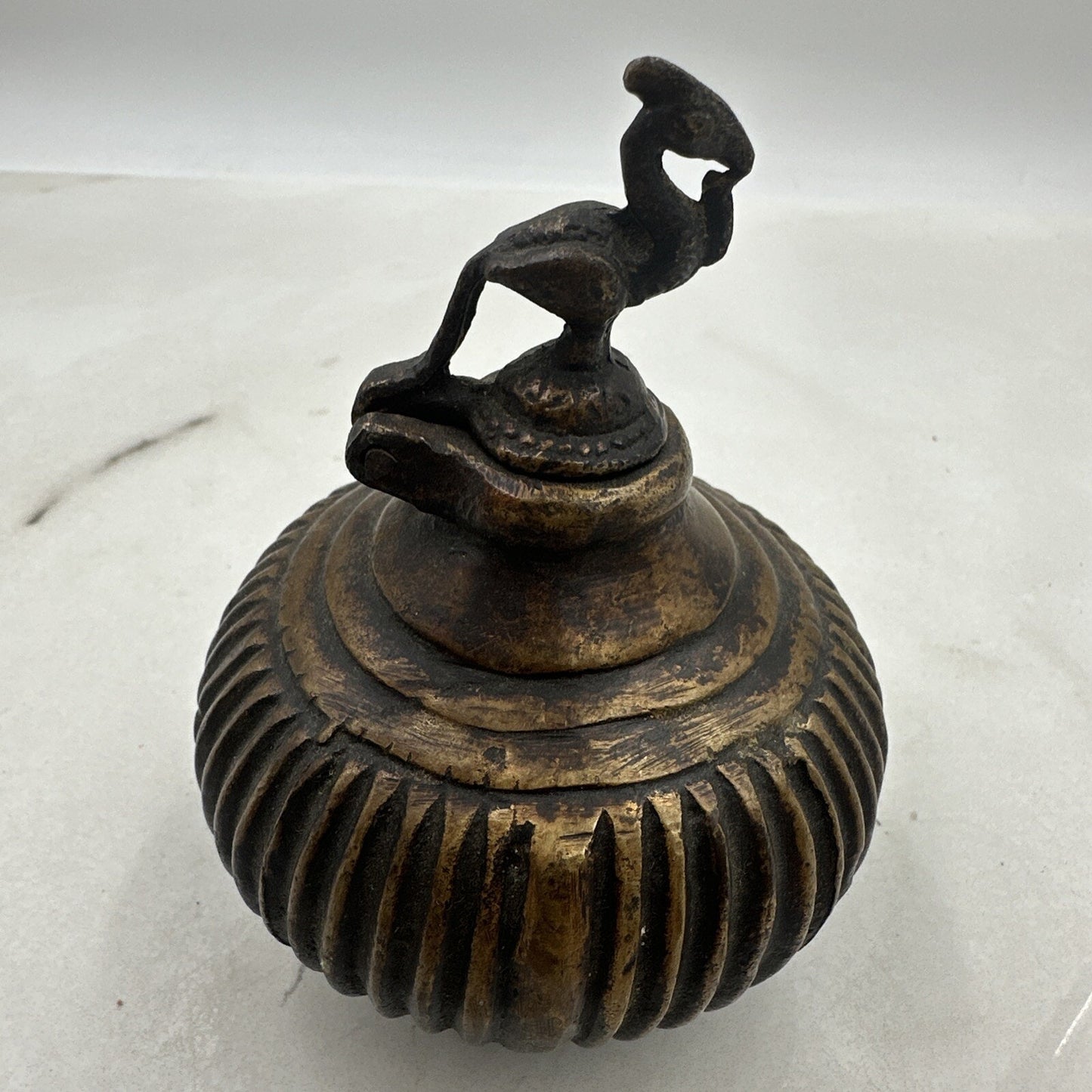 Antique Ink Well Indian Cast Bronze Mughal Footed w/ Peacock Lid & Fluted Sides