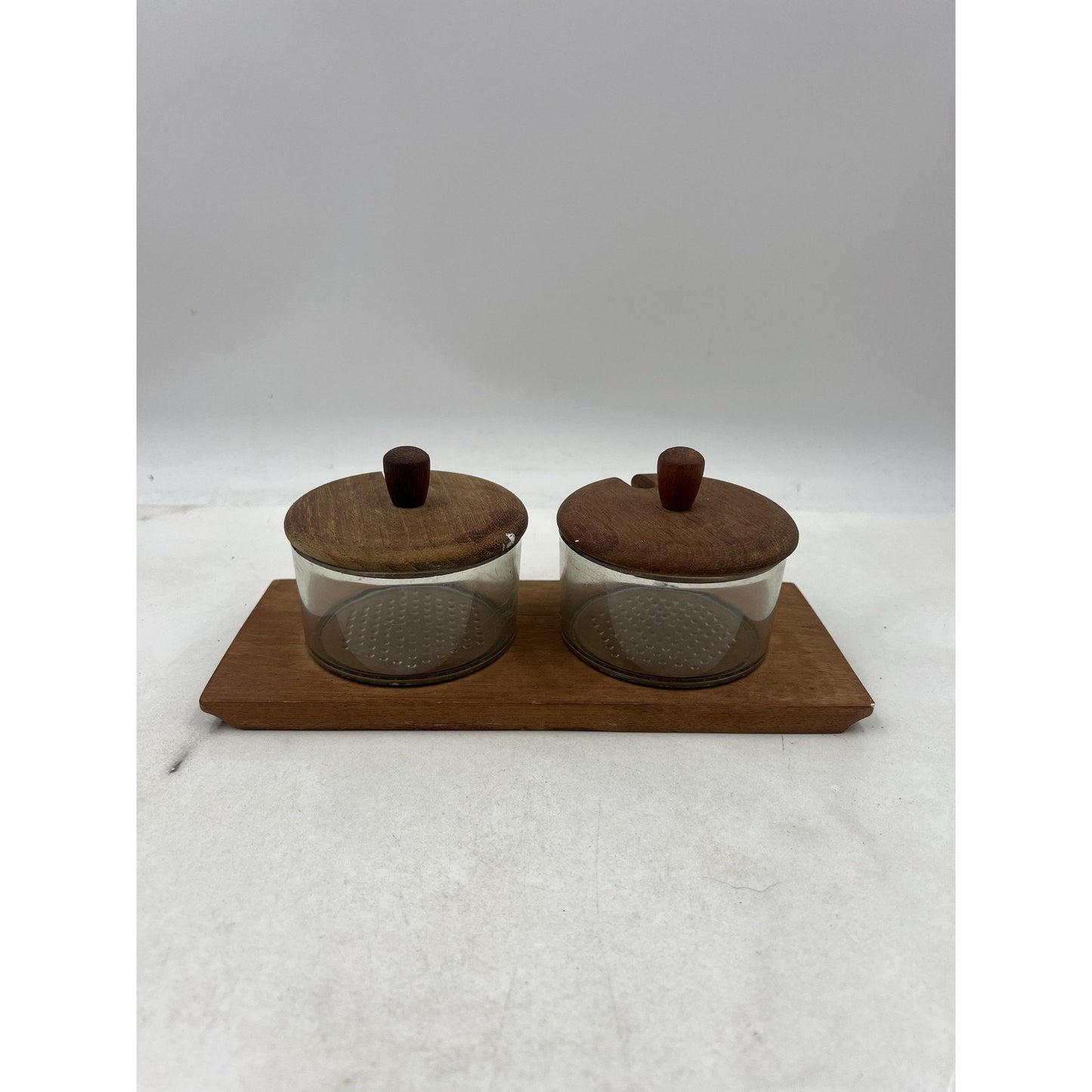 Luthje Wood Teak Glass Double Condiment Jar Set w/ Tray Danish Modern MCM