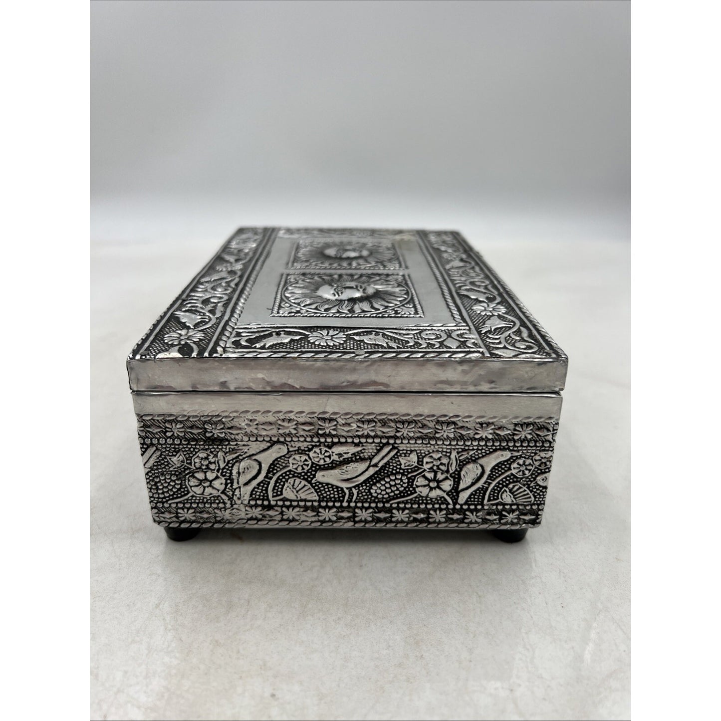 VTG Embossed Trinket Jewelery Box Silver Tone Rectangular Sun Face Birds