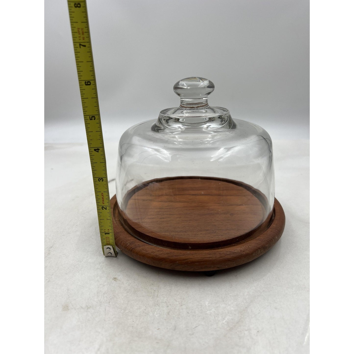 Vintage Dolphin Teakwood Cheese Board Glass Dome Cover Mid Century Modern 8 Inch