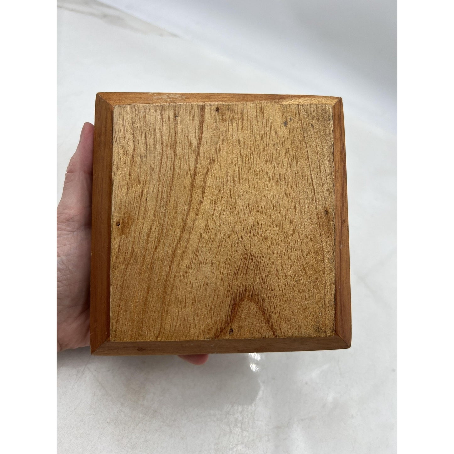 Vintage Handmade Striped Wood Jewelry Box Velvet Lined Lid Geometric Square 6"