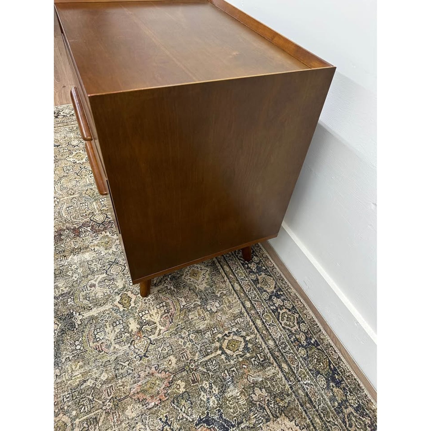 Florrie 3 Drawer Nightstand Walnut Finish Wood MCM Style Built in Outlet