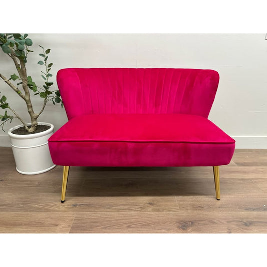 Monica Loveseat-FUCHSIA Hot Pink Velvet Fabric  Gold Legs Bench NEW