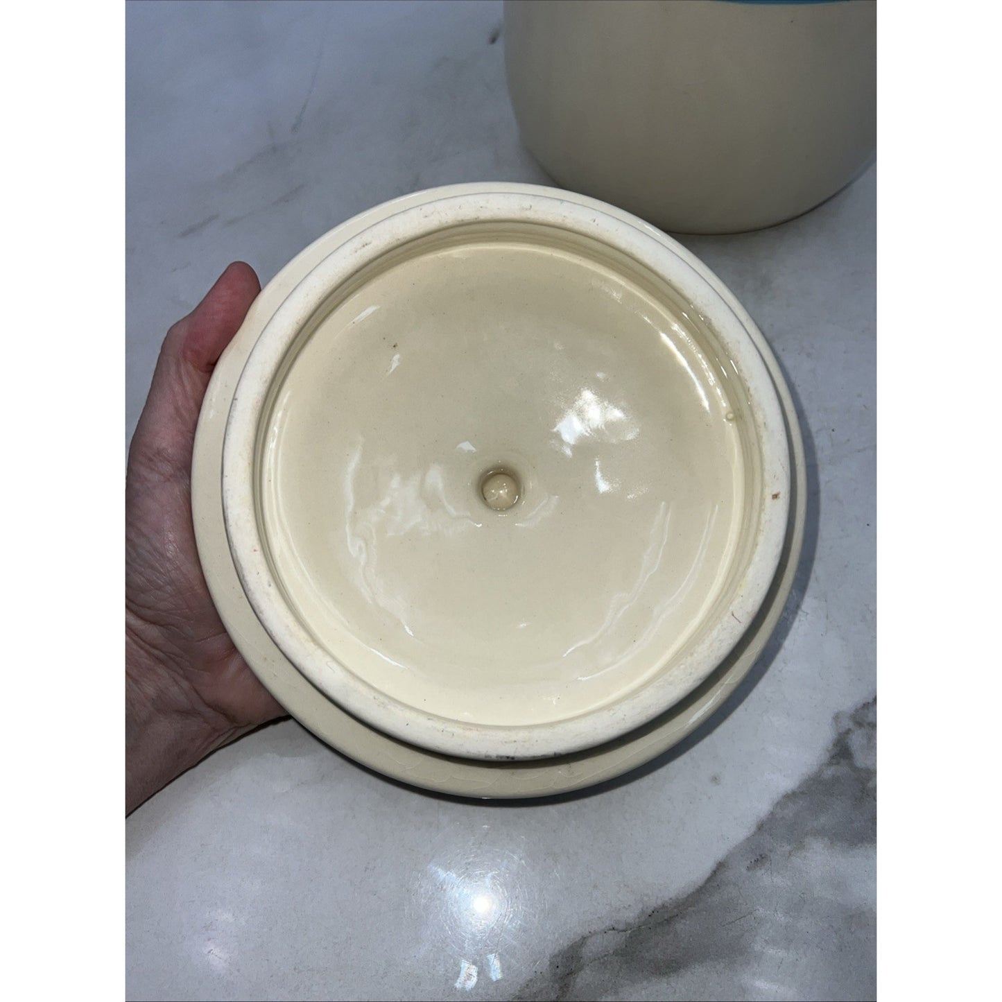 VTG McCoy Pottery Cannister w/ Lid Large Cookie Jar USA Blue and Pink Band 10"