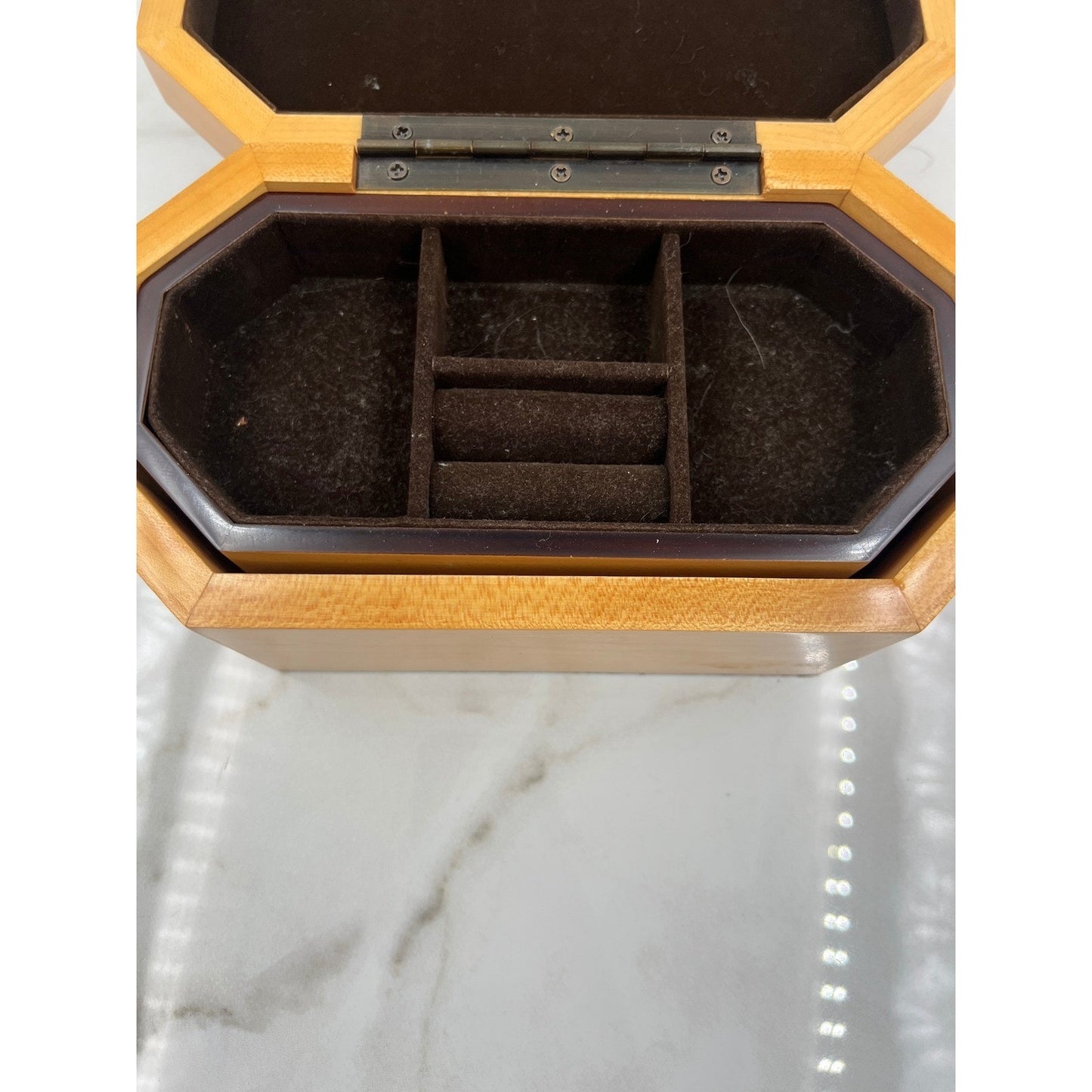 Vintage Octagon Wood Jewelry Box Inlay Detail and Removable Tray Brown Velvet