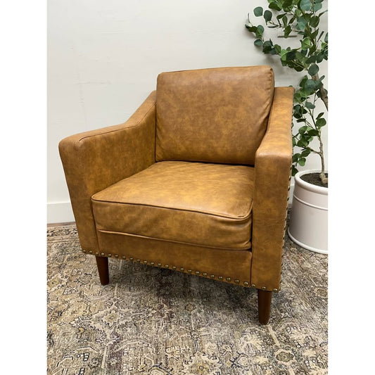 Celio Vegan Leather Armchair-CAMEL Brown Nail Head Trim New Karat Home