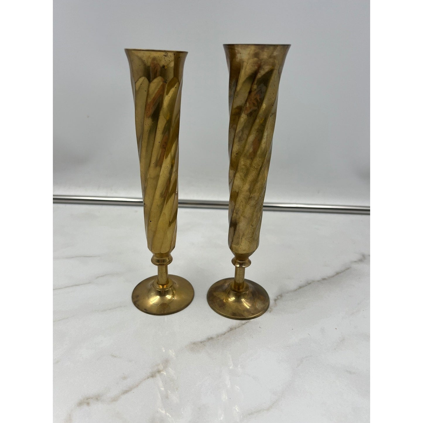 Vintage Solid Brass Spiral Twist Bud Vases Pair Made in India 8.5 Inch Gold