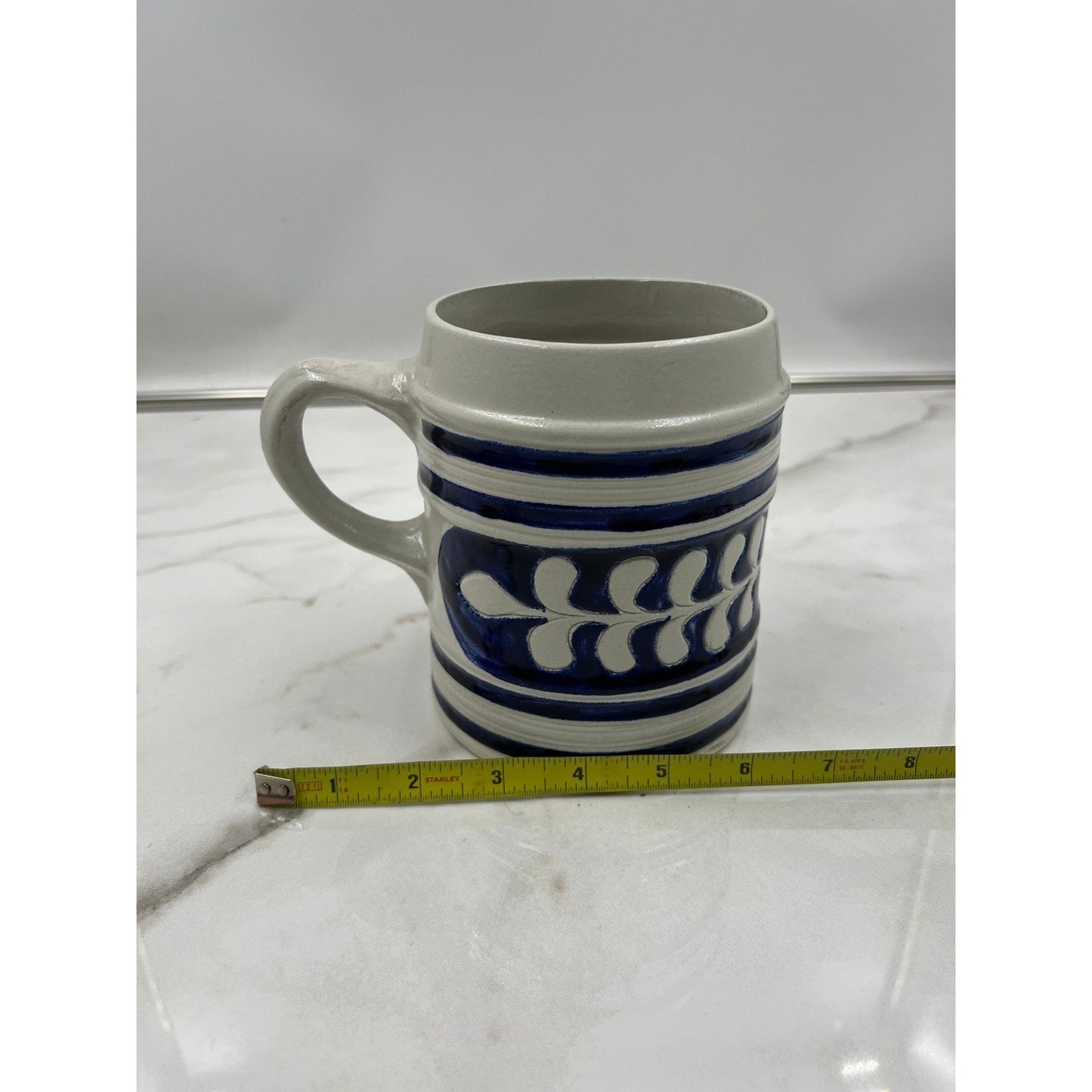Vintage Salt Glazed Stoneware Beer Stein Cobalt Blue Leaf Pattern Souvenir Mug