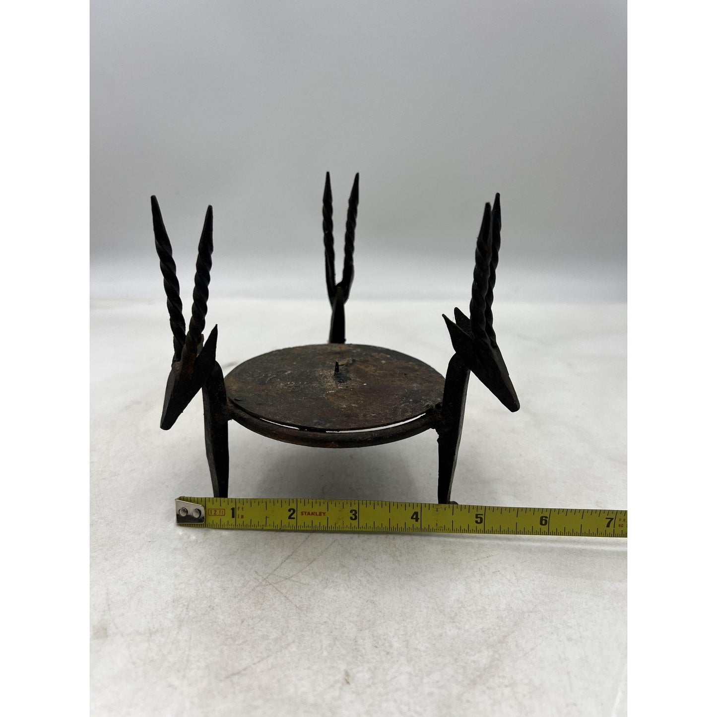 Hand Forged Wrought Iron Antelope Gazelle Heads Tripod Candle Holder Spike