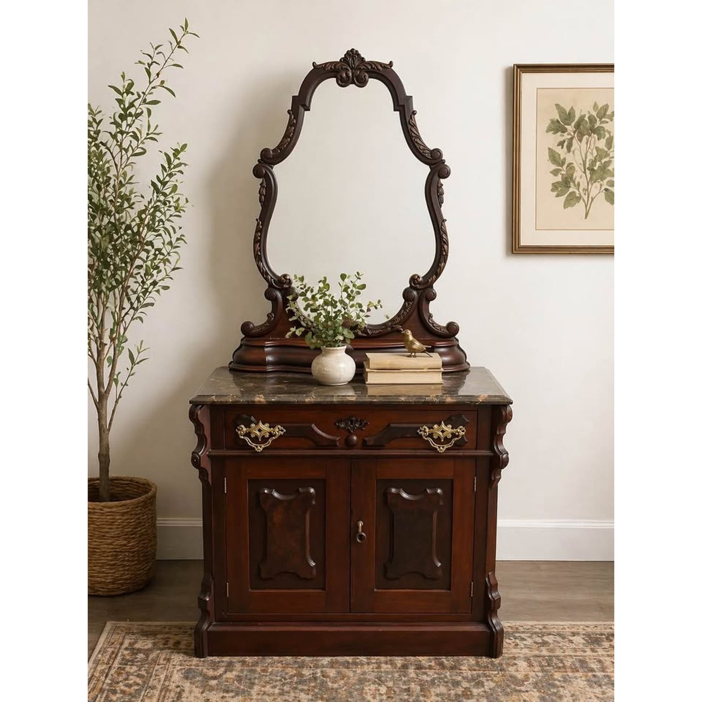Antique Victorian Mahogany Entry Table Dresser Side Table Cabinet Mirror Marble Top