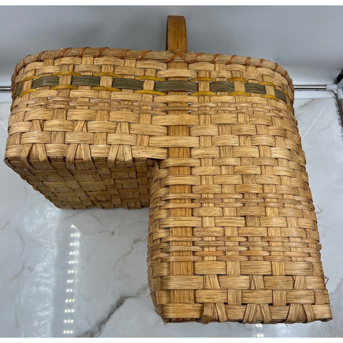 VTG Handmade Woven Stair Basket Wooden Handle Rustic Step Storage Natural Brown