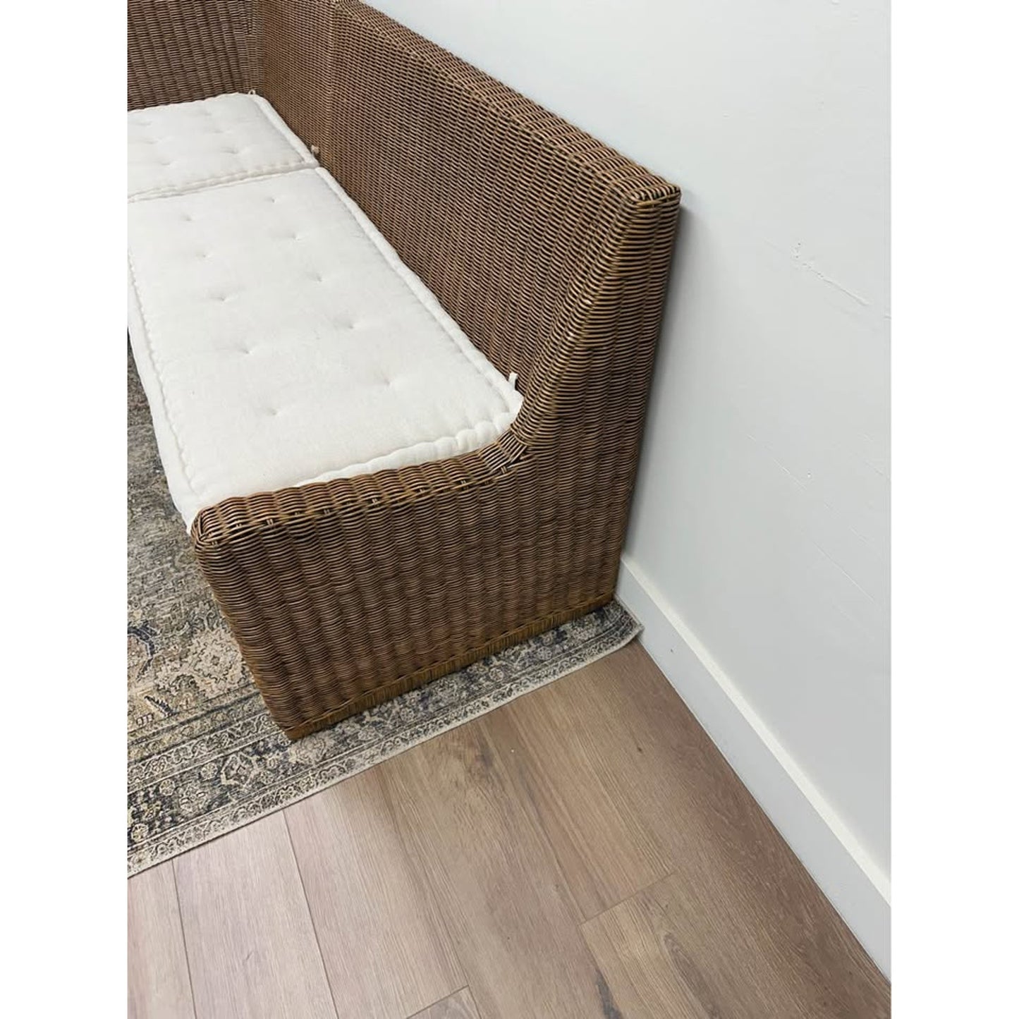 Amber Lewis x Four Hands Senna L Shaped Dining Bench Wicker Tan Cushions