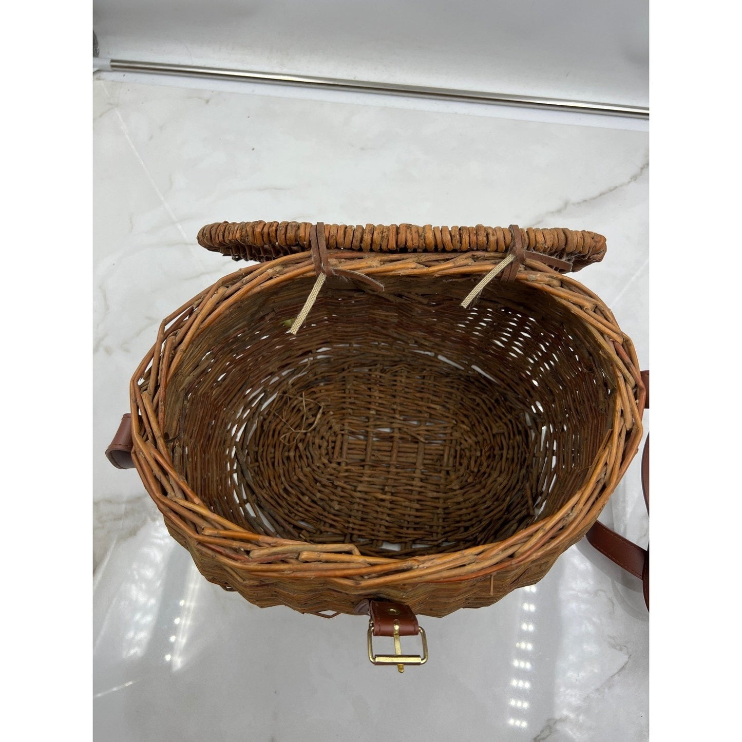 Vintage Wicker Creel Basket Bag Brown Woven Crossbody Picnic Fishing Bag