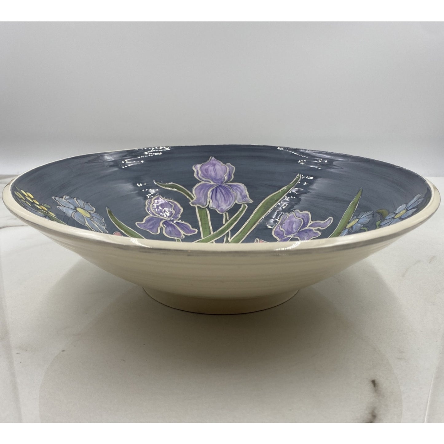 Studio Pottery Serving Bowl Handmade Spring Flowers Blue 12” Easter Spring