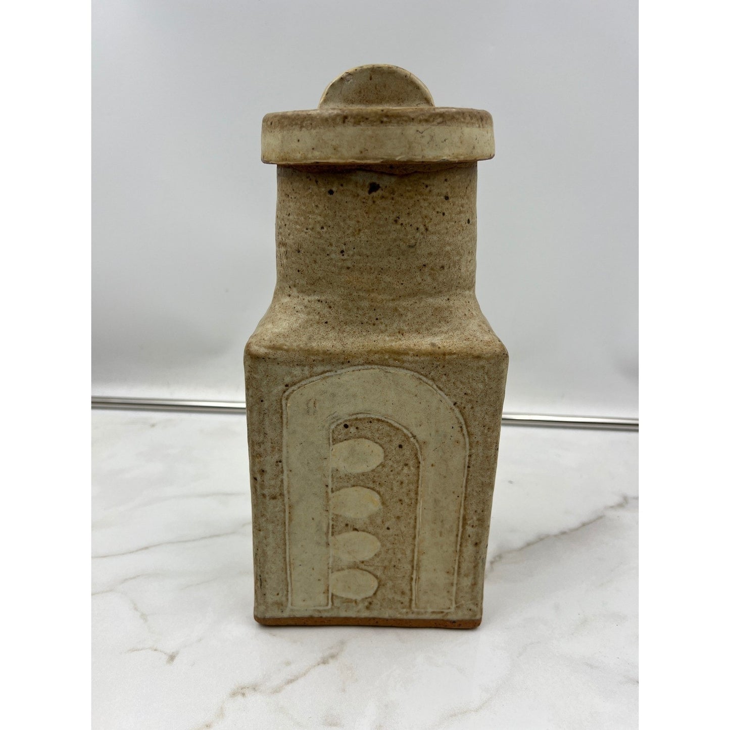 VTG Studio Pottery Lidded Canister Square Stoneware Jar Beige Cream Brutalist