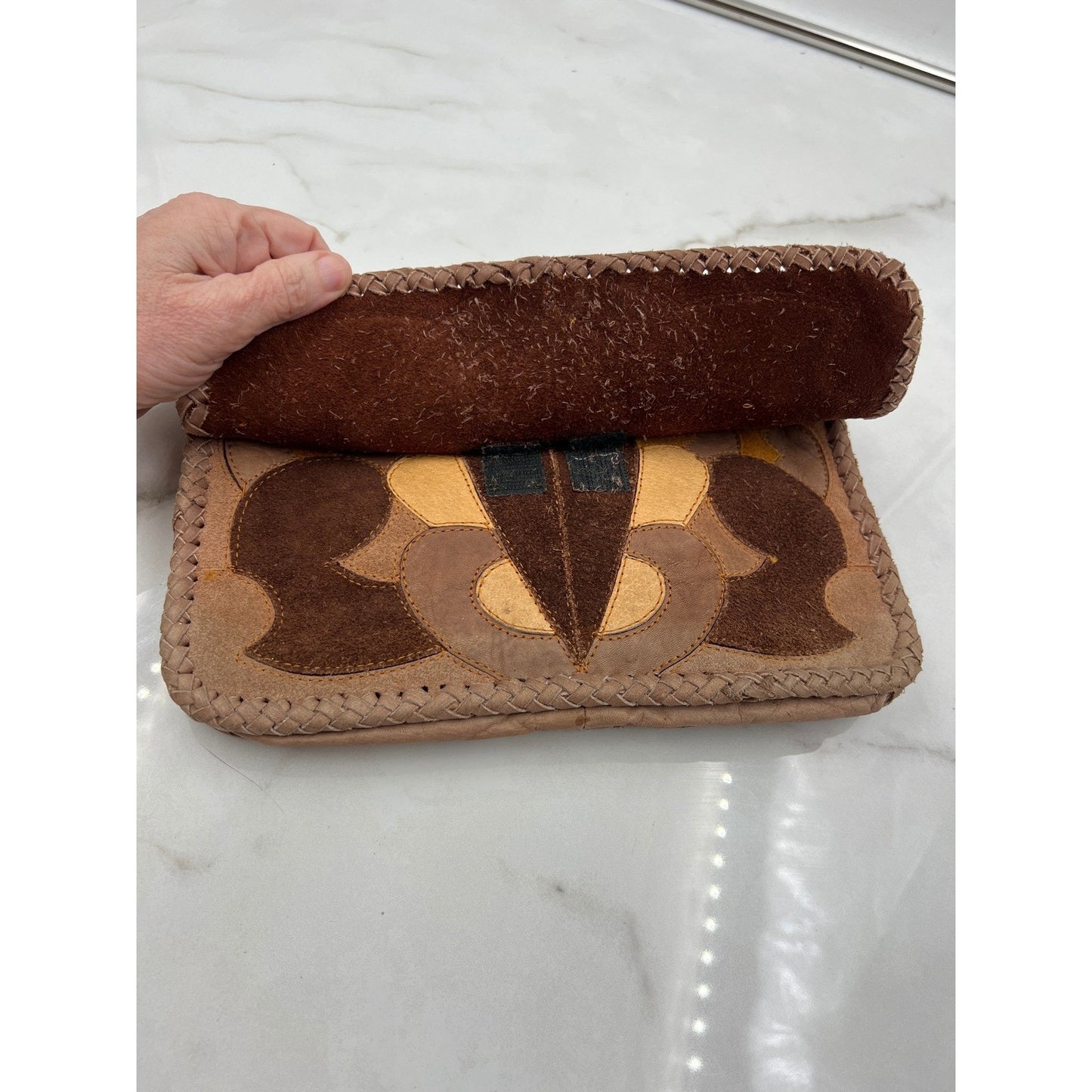 Vintage Patchwork Suede Leather Heart Boho Clutch Bag Brown Tan Braided Trim