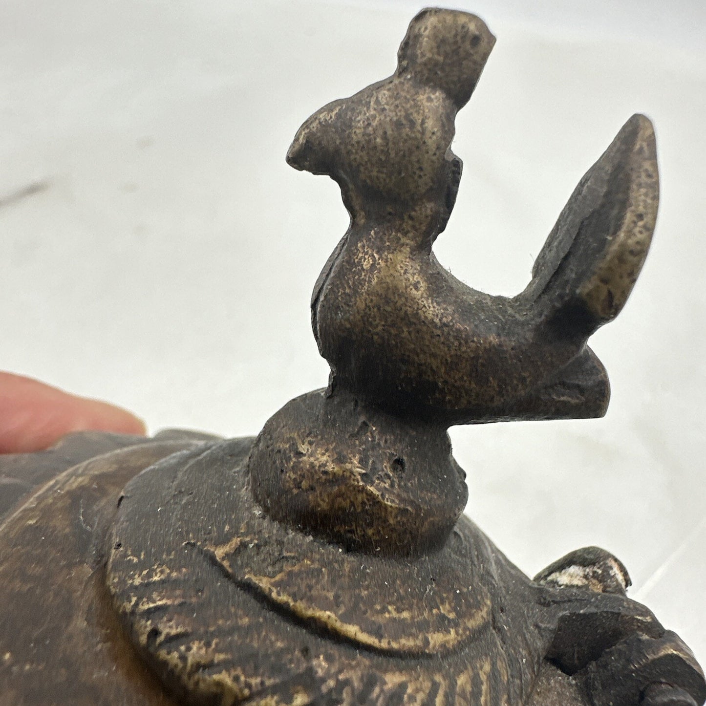 Antique Ink Well Indian Cast Bronze Mughal Footed w/ Peacock Lid & Fluted Sides