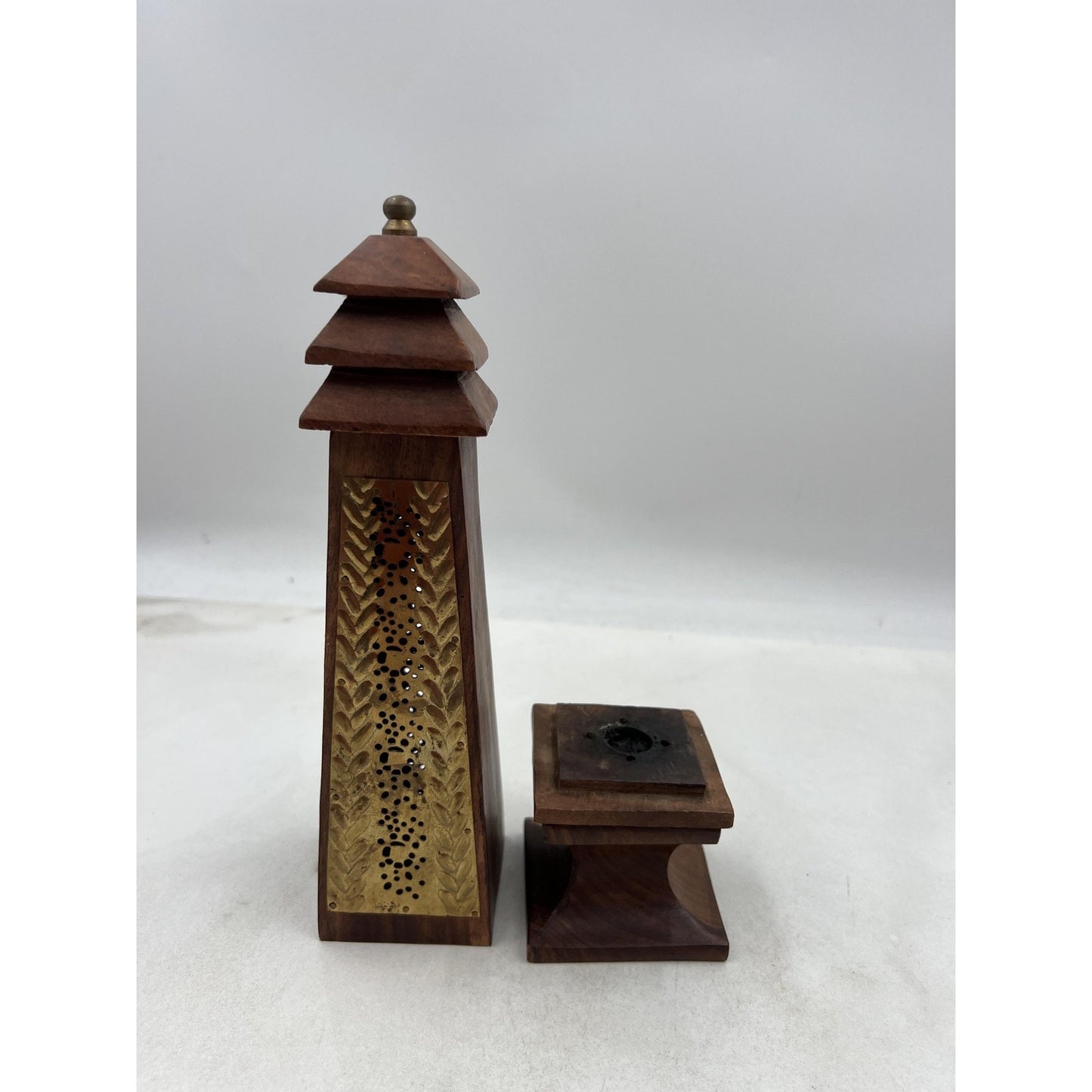 Handcarved Wood Tower Incense Burner Pagoda Brass Panel Cone Holder Decor