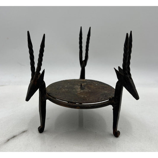 Hand Forged Wrought Iron Antelope Gazelle Heads Tripod Candle Holder Spike