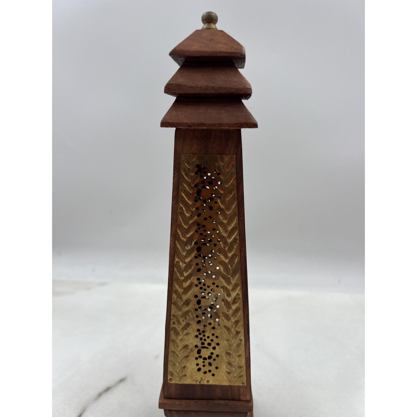 Handcarved Wood Tower Incense Burner Pagoda Brass Panel Cone Holder Decor