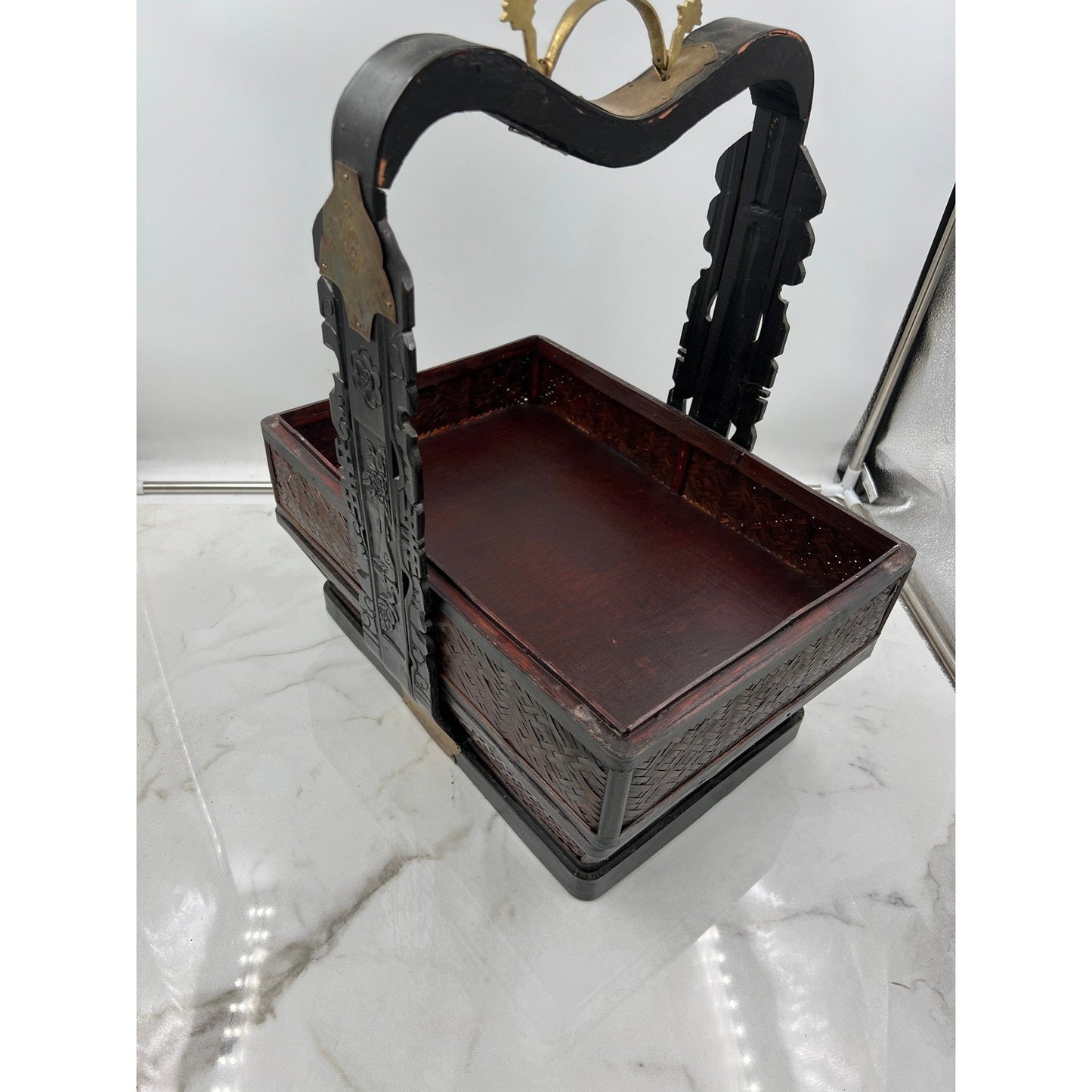 Vintage 3 Tier Chinese Wedding Basket Rattan Bamboo Design w/ Brass Deco