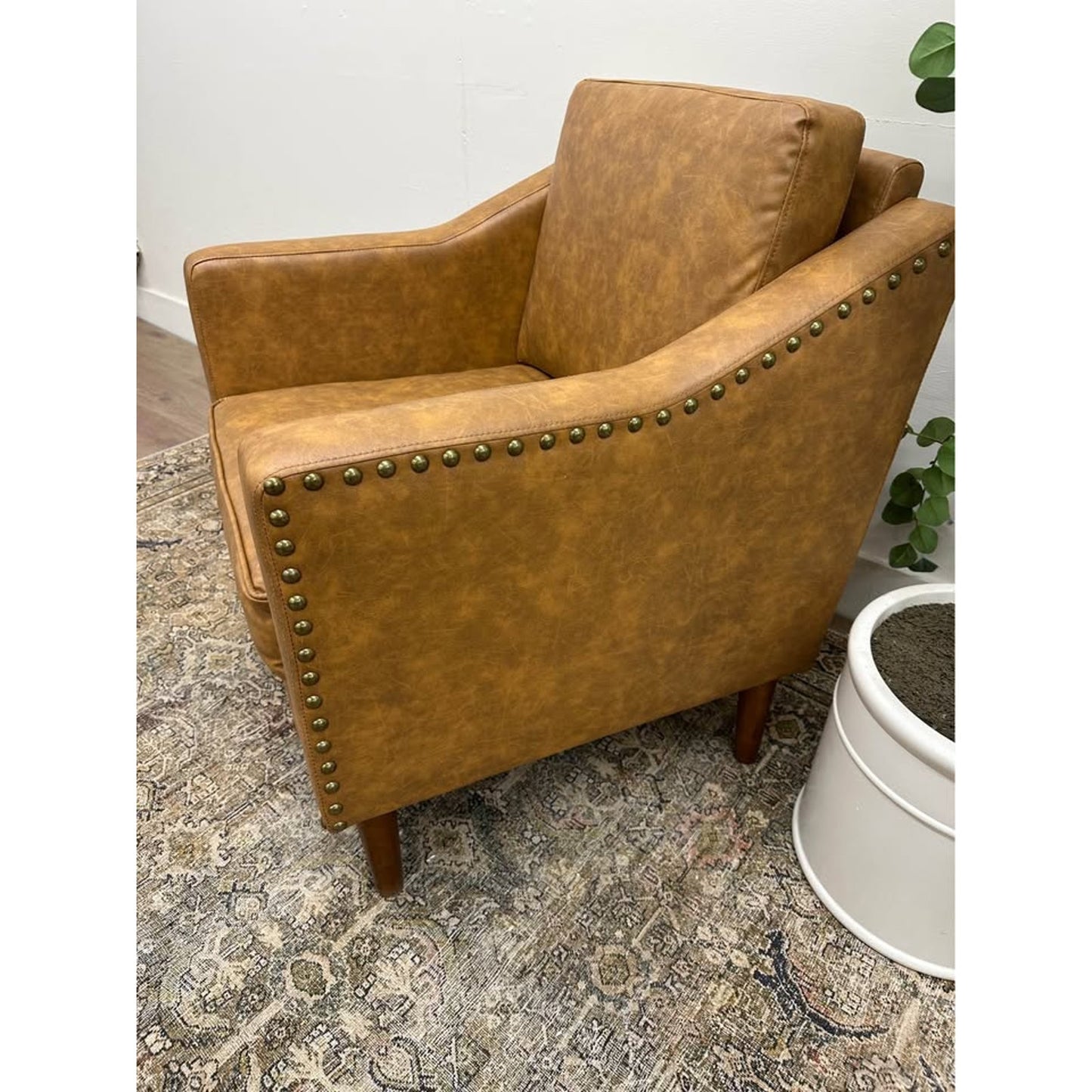Celio Vegan Leather Armchair-CAMEL Brown Nail Head Trim New Karat Home