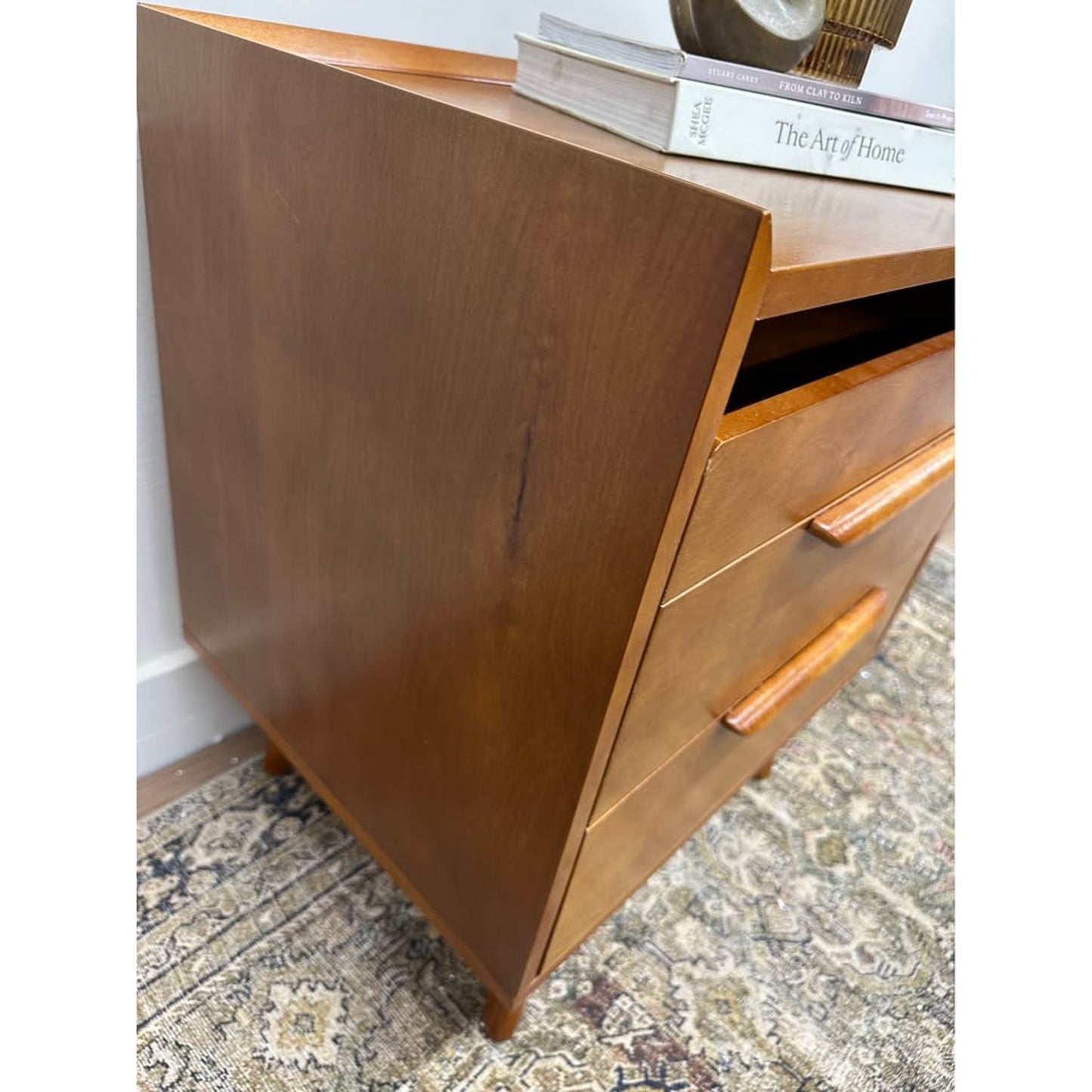 Florrie 3 Drawer Nightstand Acorn  Finish Wood MCM Style Built in Outlet