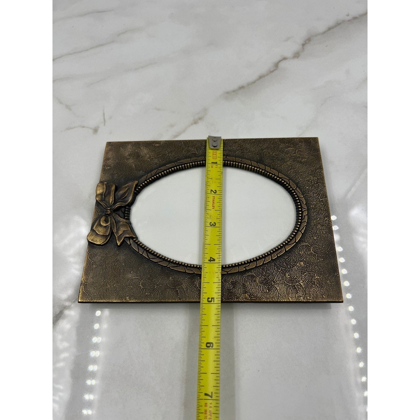 Picture Frame Vintage Bronze Tone Metal Bow Oval Textured Swirl Tabletop 6.5x5