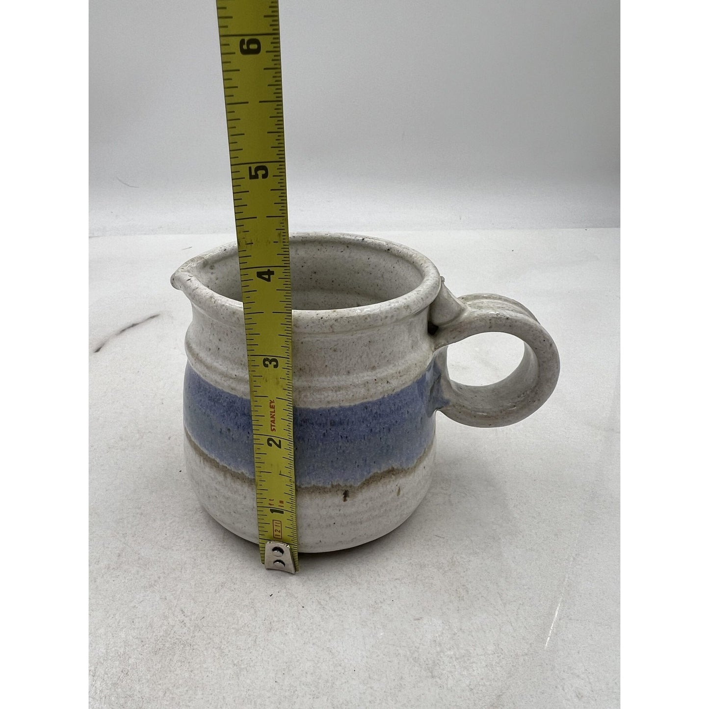 Handmade Studio Pottery Stoneware Creamer Mini Pitcher Blue Band Speckled