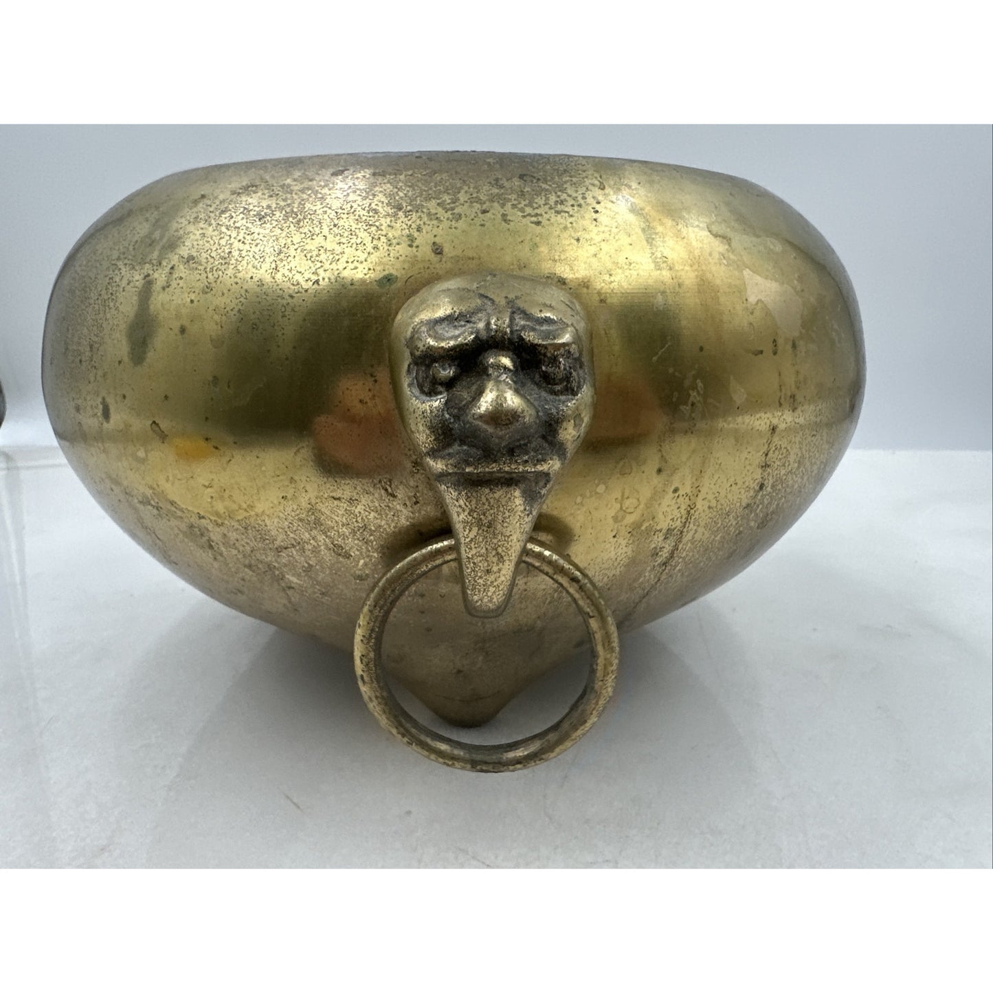 VTG Brass Censer Pot Planter Metal Three Leg Incense Ringed Face Handles