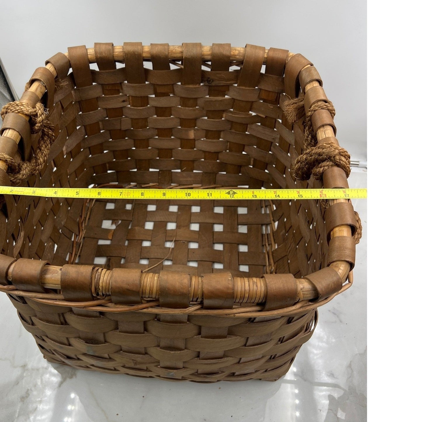 Vintage Woven Wood Splint Basket Square Farmhouse Storage with Rope Handles