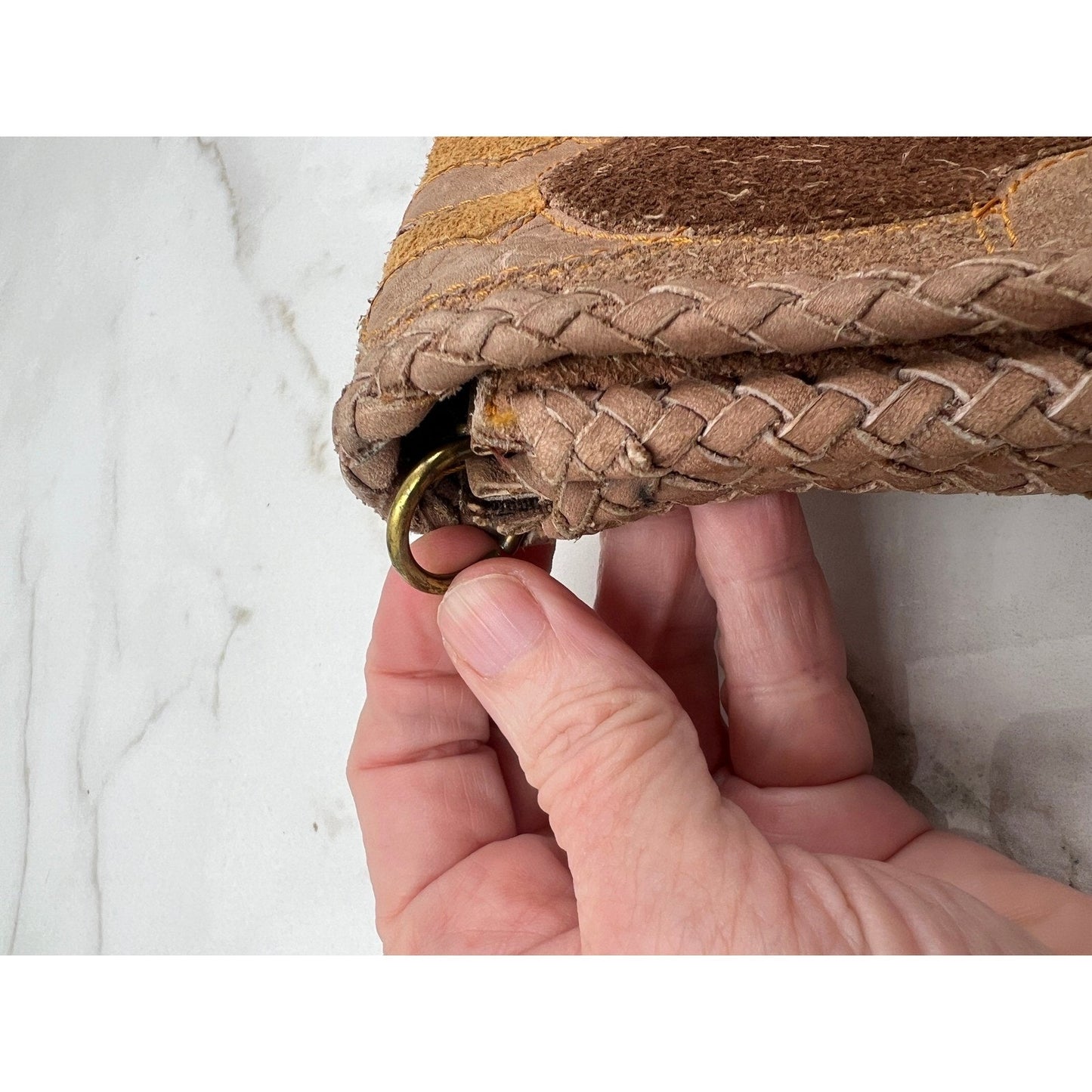 Vintage Patchwork Suede Leather Heart Boho Clutch Bag Brown Tan Braided Trim
