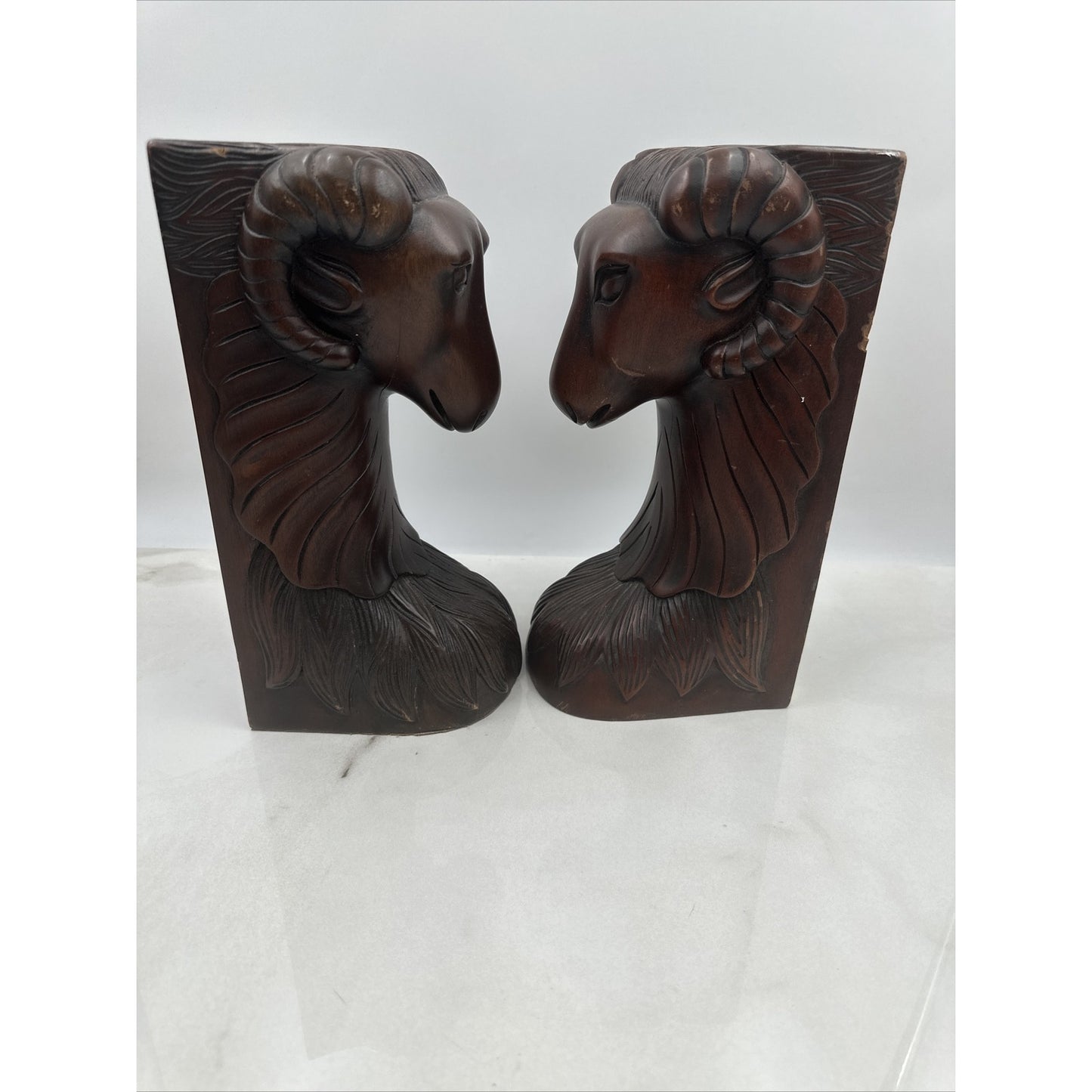 Vintage Alcam Carved Wood Rams Head Bookends Made Indonesia Ironwood