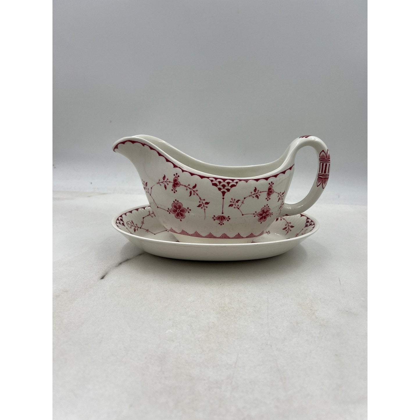 ERICA By Franciscan Pink White Vintage Gravy Boat W/Underplate Made In England