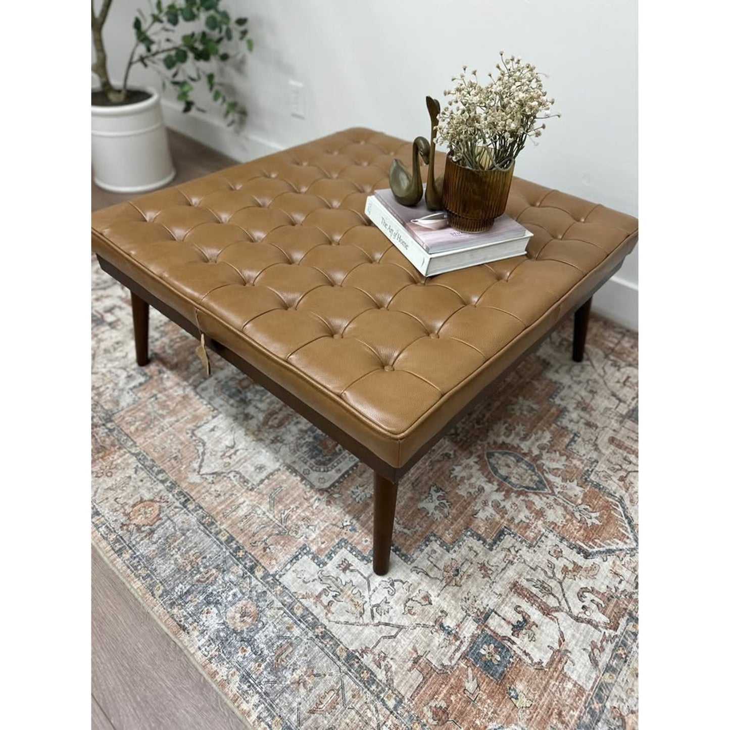 Julian Ottoman Genuine Leather- CAMEL Tufted Wood Legs