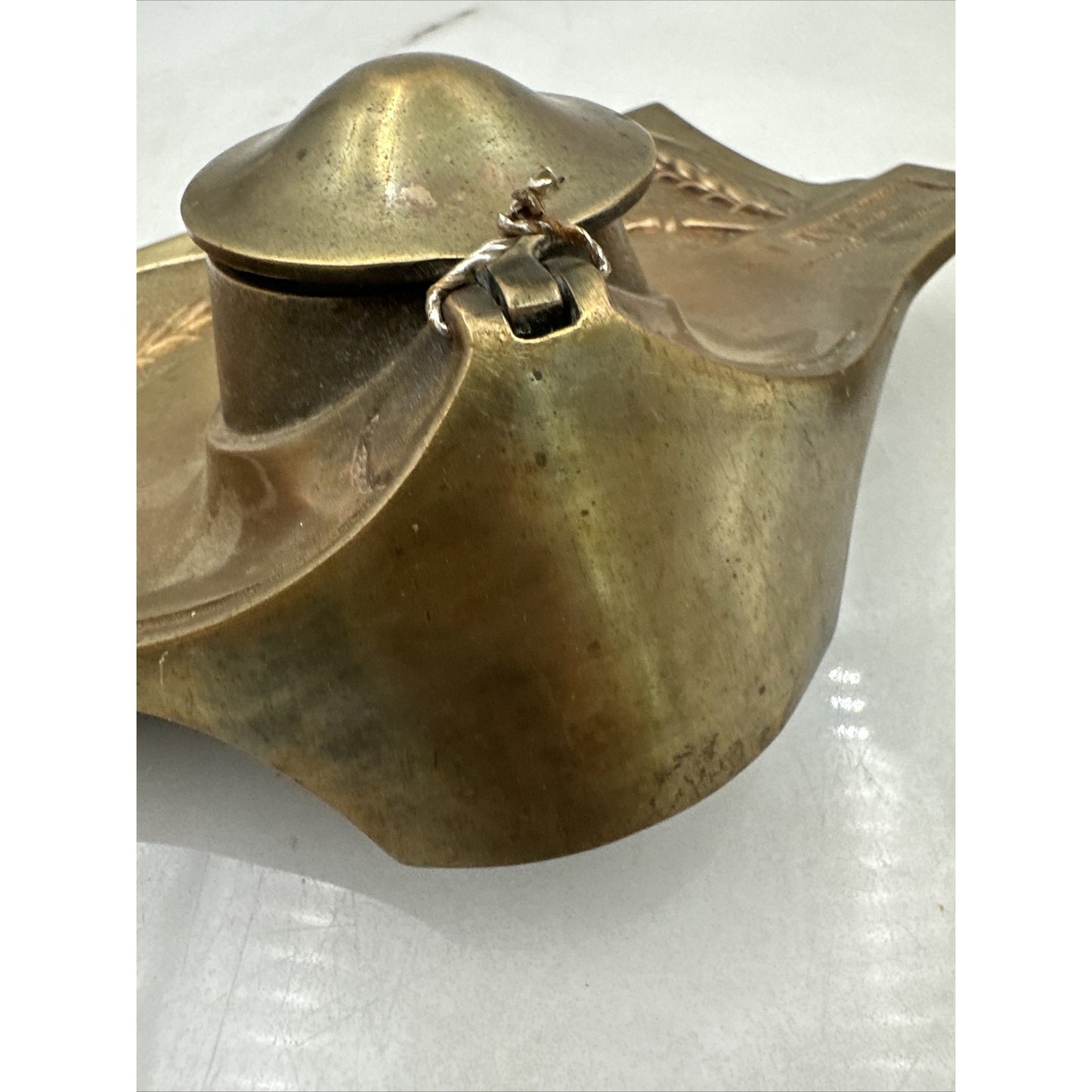 Antique Brass Double Inkwell and Stamp Stamper Art Nouveau Wheat Office Desk