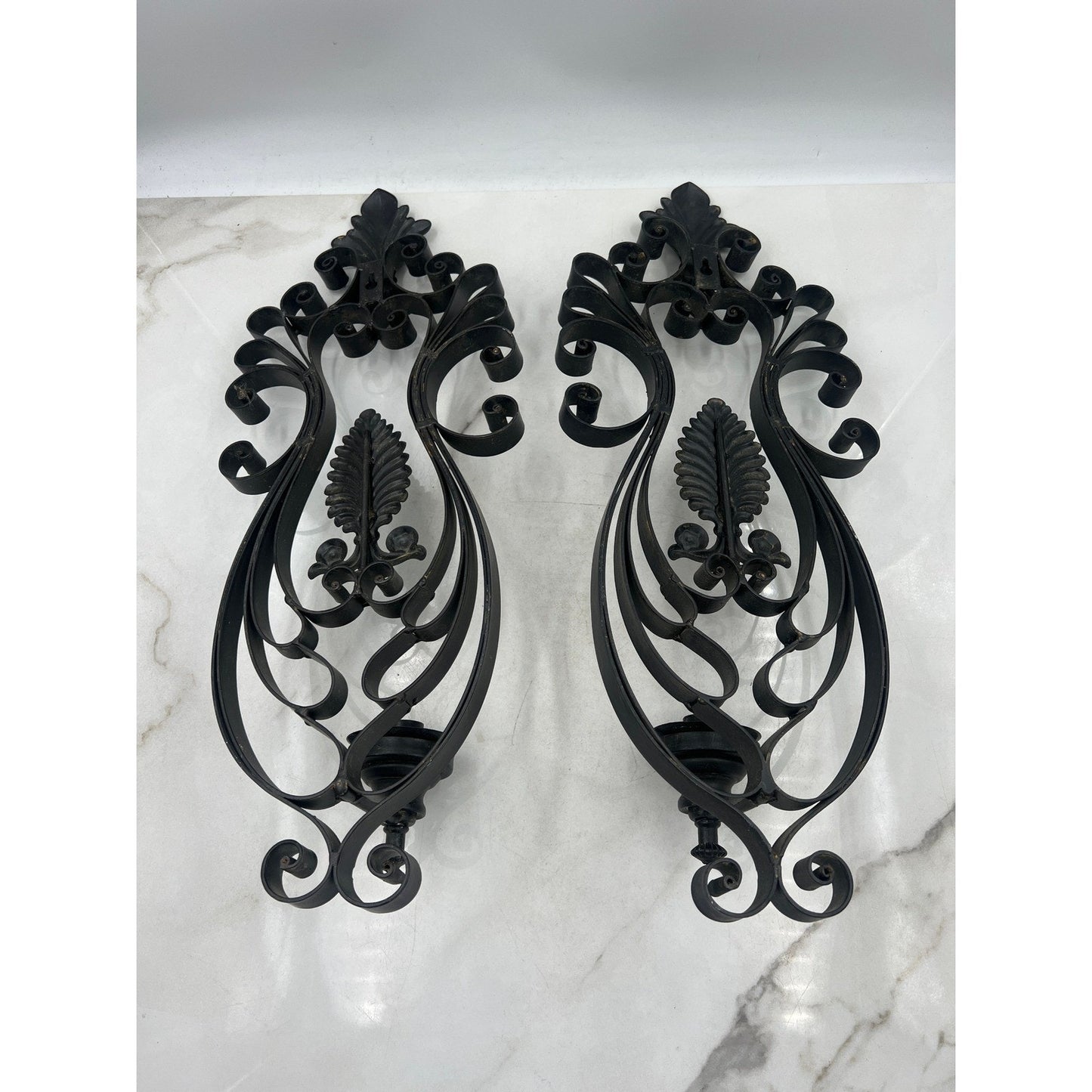 VTG Black Metal Ornate Wall Sconces Candle Holders Fleur De Lis Scrollwork Set 2