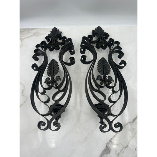 VTG Black Metal Ornate Wall Sconces Candle Holders Fleur De Lis Scrollwork Set 2