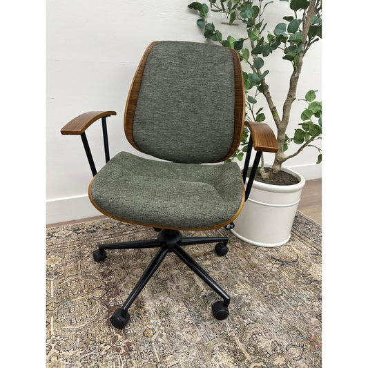 Alina Office Chair Adjustable Rolling Wood Arms MCM Style Green Fabric NEW