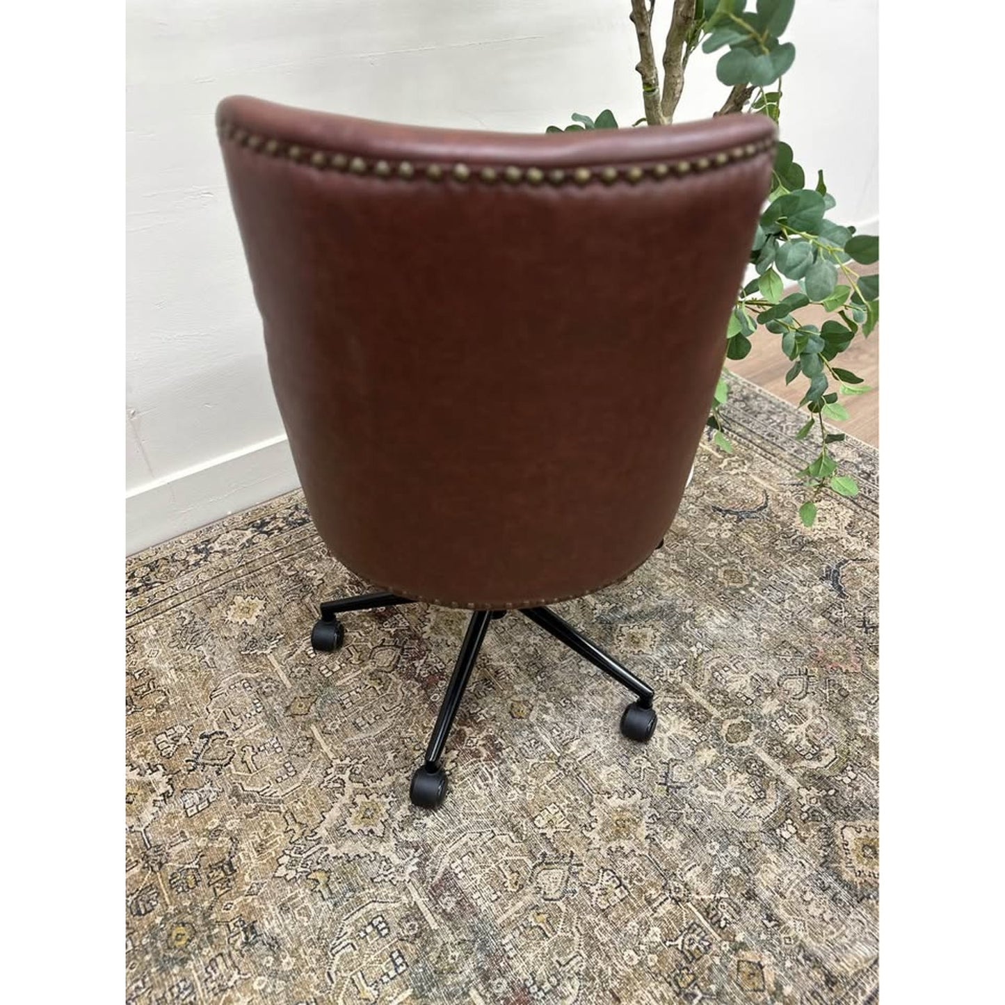 Idalia Task Chair-BROWN Studded Nailead Trim Vegan Leather Rolling Office Chair New Karat