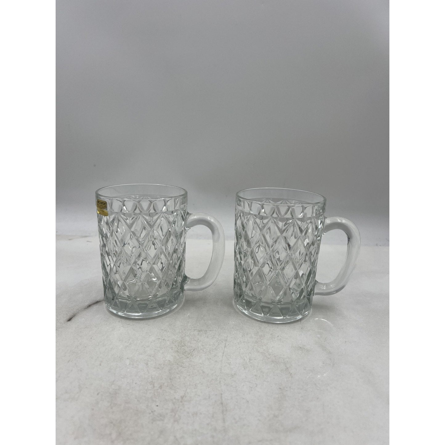 Arcoroc Sebastien Diamond Cut Glass Mugs Set of 2 Tempered Crystal Clear Coffee