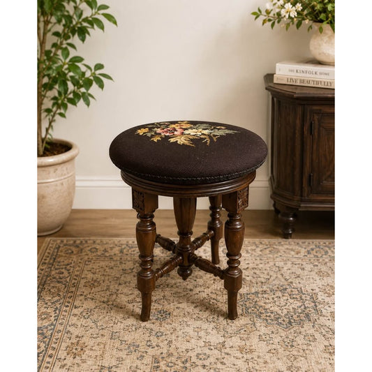 Solid Walnut Piano Stool Late 19th Century Needlepoint