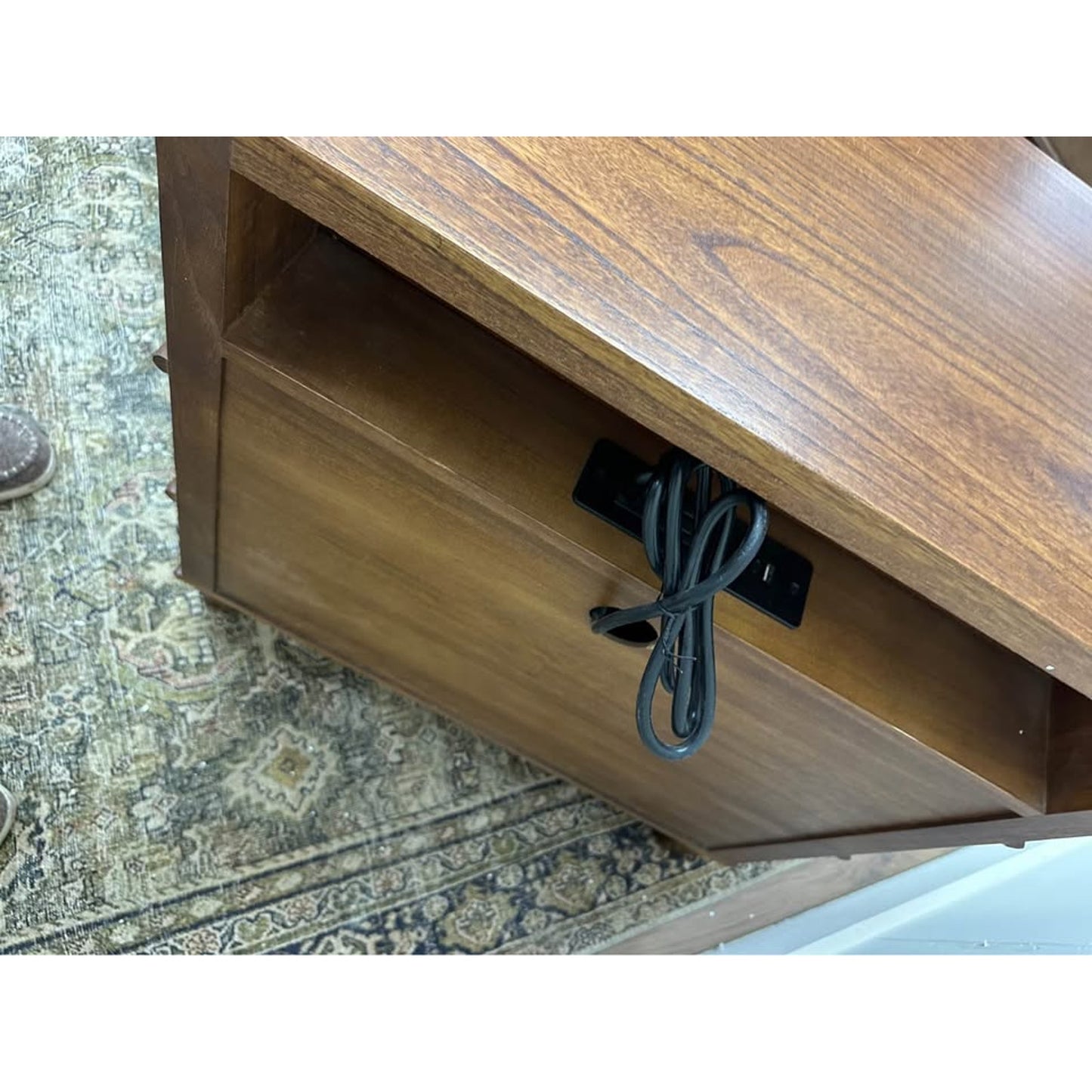 Lev 3-Drawer Nightstand End Table Brown Stained Wood Built In Outlet