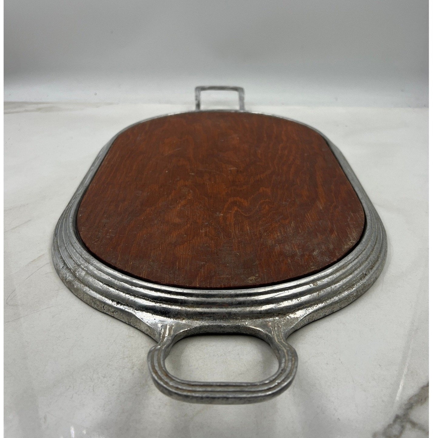 Vintage Wood Serving Tray Aluminum Handles Oval Platter Entertain