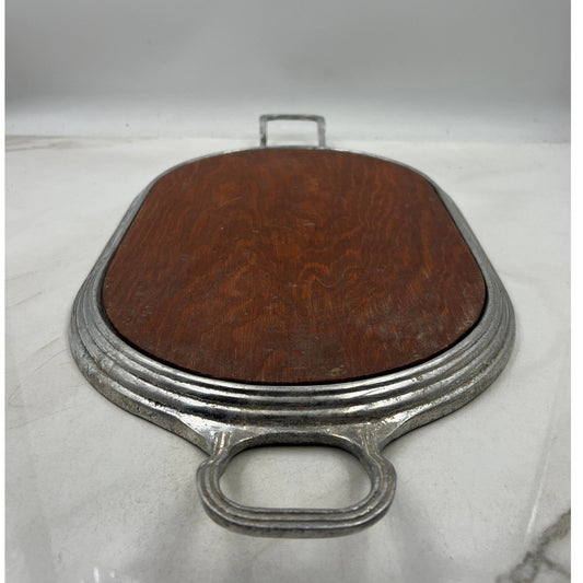 Vintage Wood Serving Tray Aluminum Handles Oval Platter Entertain