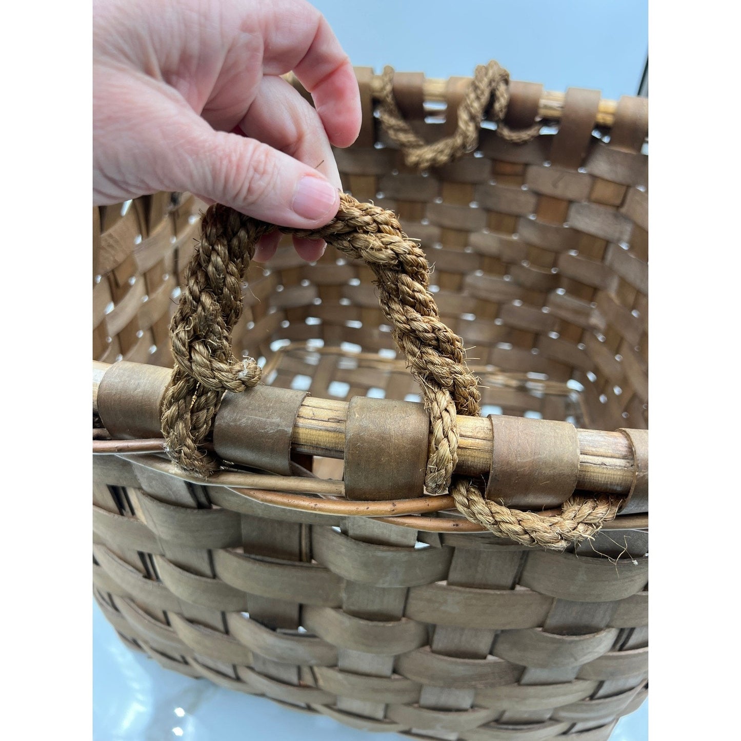 Vintage Woven Wood Splint Basket Square Farmhouse Storage with Rope Handles